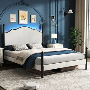 【NO MATTRESS】AMERLIFE Luxury Bed Frame with 51.2" Tall Upholstered Headboard, Metal Four Poster LED Beds for Bedroom/Easy Assembly/Wooden Slats/Modern Furniture Design