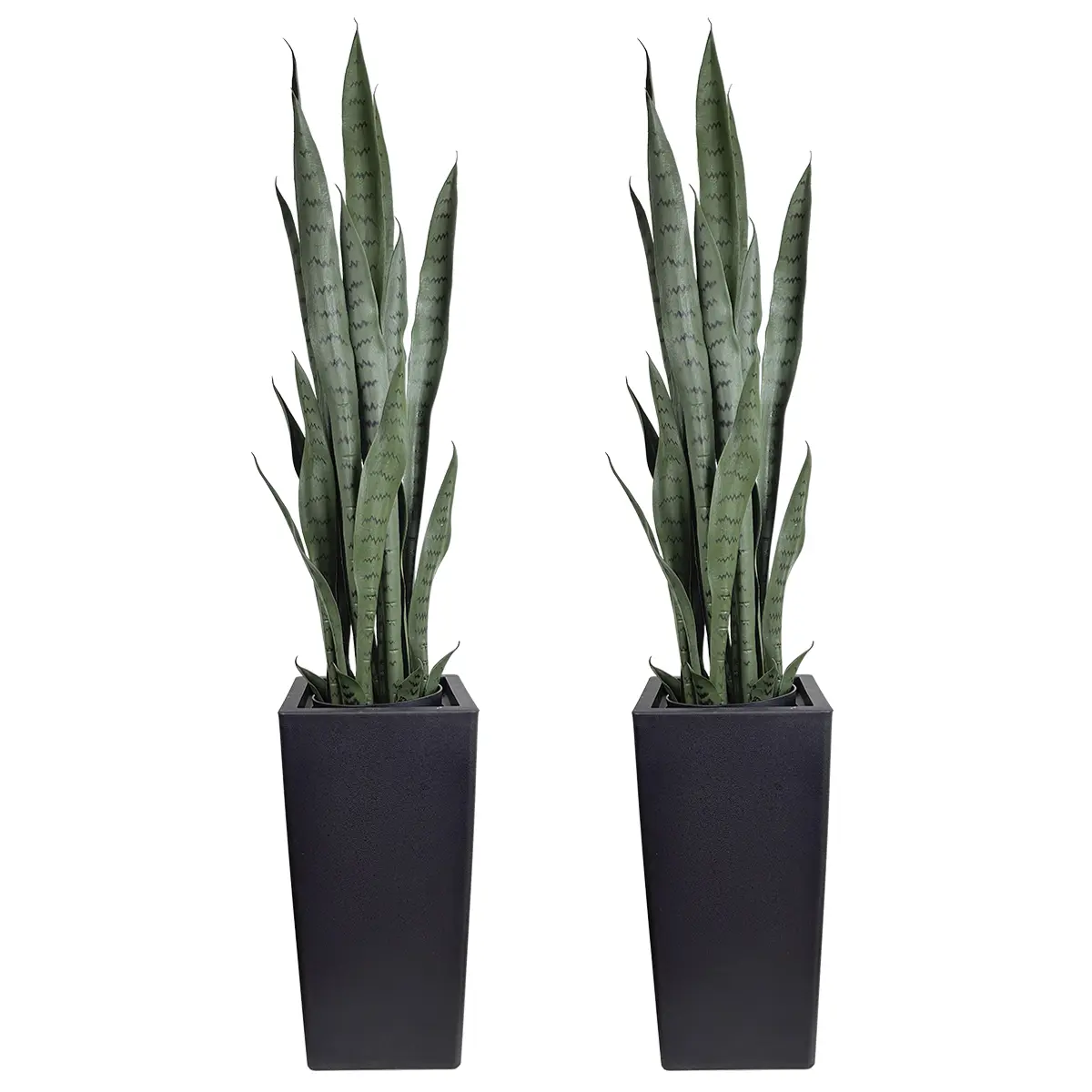 2-Pack Decorative Artificial Snake Plant (Sansevieria) with Tall Black Cute Planters, UV-Resistant Faux Plant for Indoor Home Living Room & Outdoor Wedding Decor