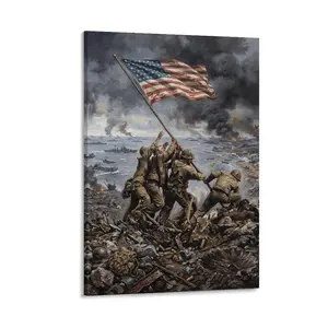 1pc Frameless Printed Canvas Art, Realistic Iwo Jima Flag - Raising War Scene, Vintage Military Wall Decor for Home/Office/Military Fans, Soldier & US Flag Design, Multicolor