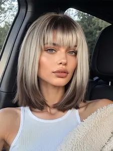 Ombre to Blonde Bob Wig with Bangs, Short Straight Ombre Wigs for Women, 12 Inch Synthetic Hair Wig for Daily Party Wear, Synthetic Hair Pieces