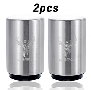 2pcs Brushed Silver Magnetic Cap Automatic Bottle Opener, Stainless Steel One-Handed Push-Pop Spring Beer Opener, Portable Household Bar Restaurant Beer Can Opener, Elk Style Practical Home Essential, Perfect Beer Accessory Gift