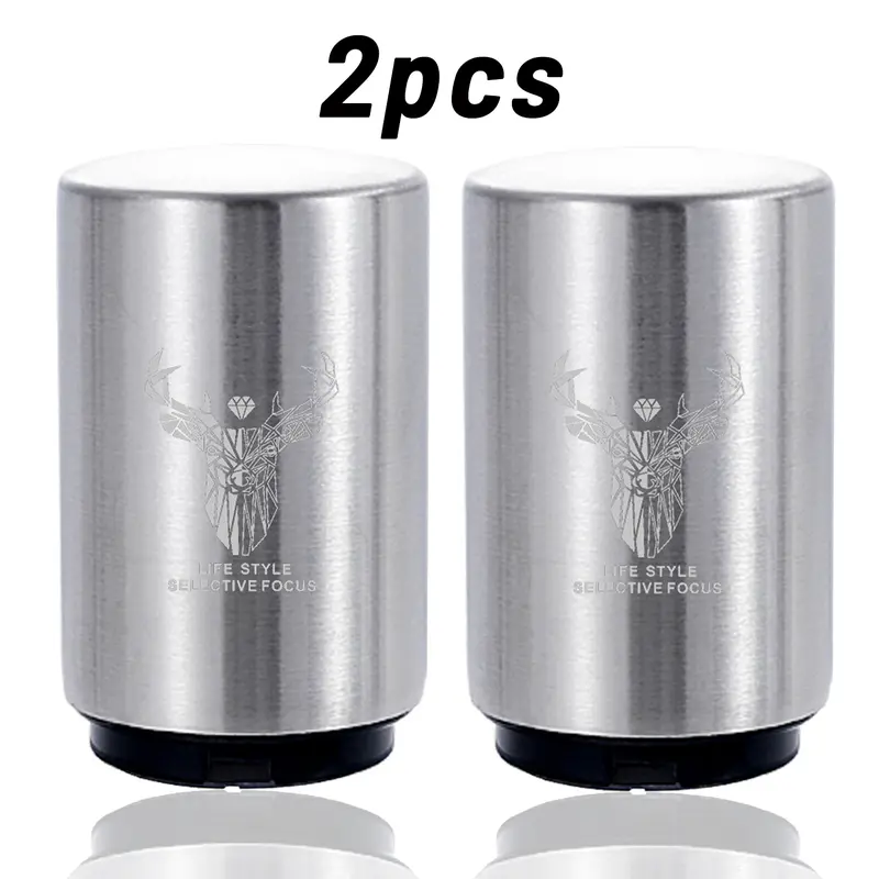 2pcs Durable Brushed Silver Elk-Style Magnetic Bottle Opener Set - Stainless Steel 1-Handed Automatic Push-Pop Spring Utensil, Portable Home Bar & Kitchen Accessory, Ideal Stocking Stuffers