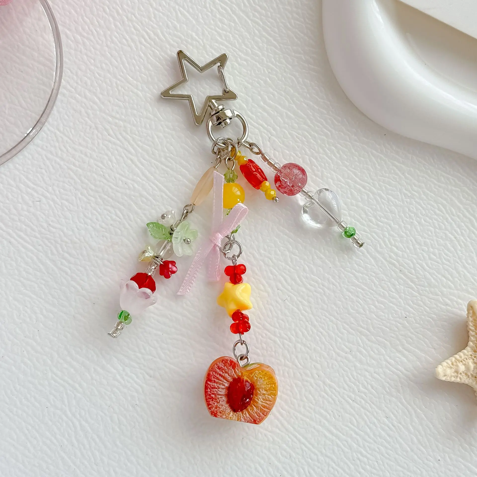 Cute Fruit Peach Keychain Charm, Viral Hand Beaded Floral Bag Pendant, Pastel Pink Bow Hollow Star Key Ring, Fresh Coquette Accessory For Phone Case Backpack Purse Daily Decor & Small Friendship Gift