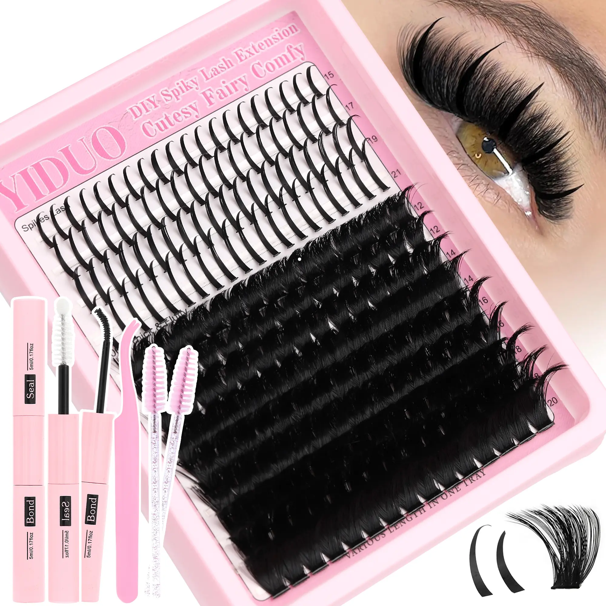 Eyelash Extensions Kit, Includes Lash Tools, 200D Long Lash Spikes, Thick Eyelash Clusters Volume Individual Lashes, with Lash Bond and Seal, Lash Remover, Lash Tweezers, Eyelash Brush, Diy Lash Tools, DIY at Home, Cosmetic, Eyelashes Kit