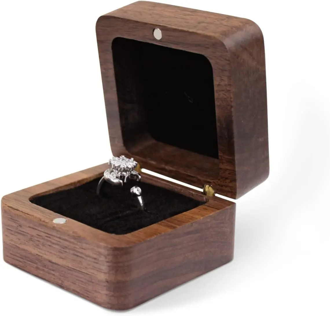 Personalized Wooden Ring Box, Mini Engagement Ring Holder Box with Single Slot, Square Wedding Ring Box for Ring, Elegant and Retro Ring Holder Box for Wedding, Ceremony (black)