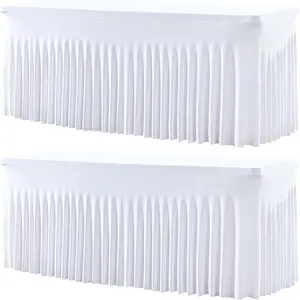 2 Pack White Spandex Table Covers & Table Skirt for 6FT Rectangle Tables - Fitted 6 Foot Stretch Tablecloth with Pleats, Wrinkle Free for Weddings, Parties, Craft Fairs & Folding Tables