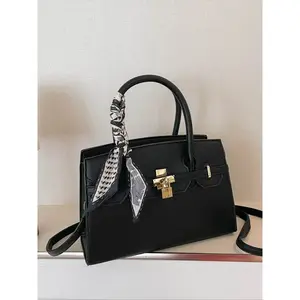 Classic Kelly Bag, Metal Lock Buckle Handbag, Fashionable Handbag, Silk Scarf Decoration Fashion Women's Purse, Elegant and Stylish Shoulder Bag