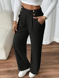 【Plus Size】 Solid Button Fly Wide Leg Pants, Casual Comfy Trousers for Daily Wear, Women's Bottoms for Summer
