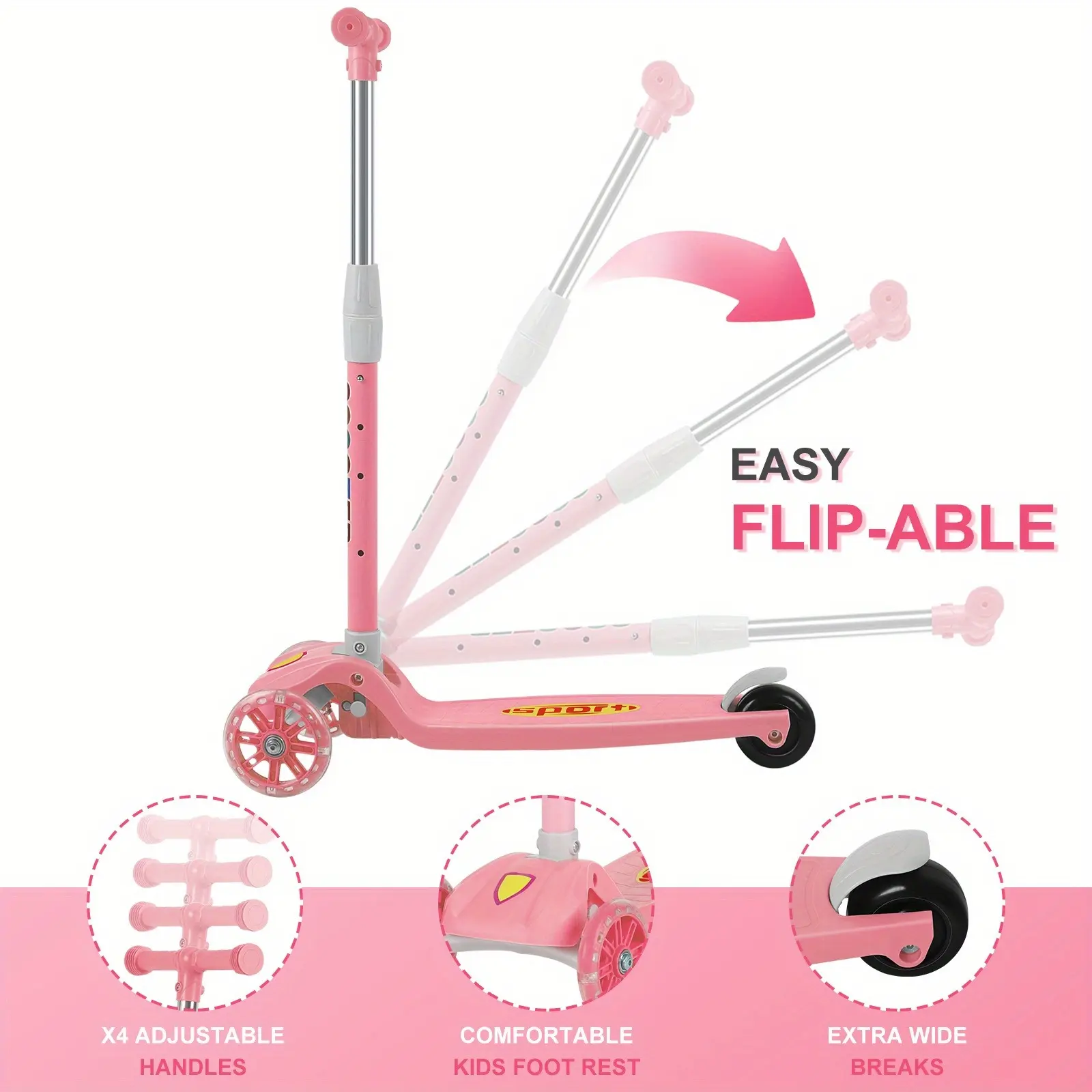 Pink Three-Wheel Scooter with Adjustable Height Tilted Steering Glowing Wheels Widen Deck Easy to Ride Party Gifts,summerwins