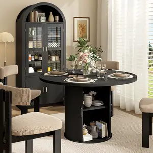 【Mothersdaygift】Aoxun 2-Piece Dining Room Set, Arched Display Cabinet + Round Storage Dining Table, Farmhouse Kitchen Storage Hutch with Glass Doors, Wooden Dining Table with Built-in Storage for Kitchen, Dining Room tiktokshopspringglowup