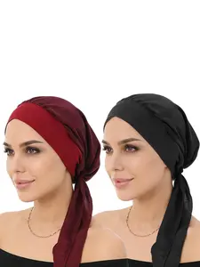 2pcs/set Solid Color Real Silk Headscarf Hat, Elastic Hairband Braided Cap, Pirate Hat, Women's Fashion Accessory