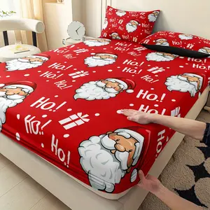 Santa Print Bed Sheet Set, Deep Pocket Design, Non-Slip Multi-Function Soft Comfortable Pet-Friendly Home Decor, Ideal Christmas Gift