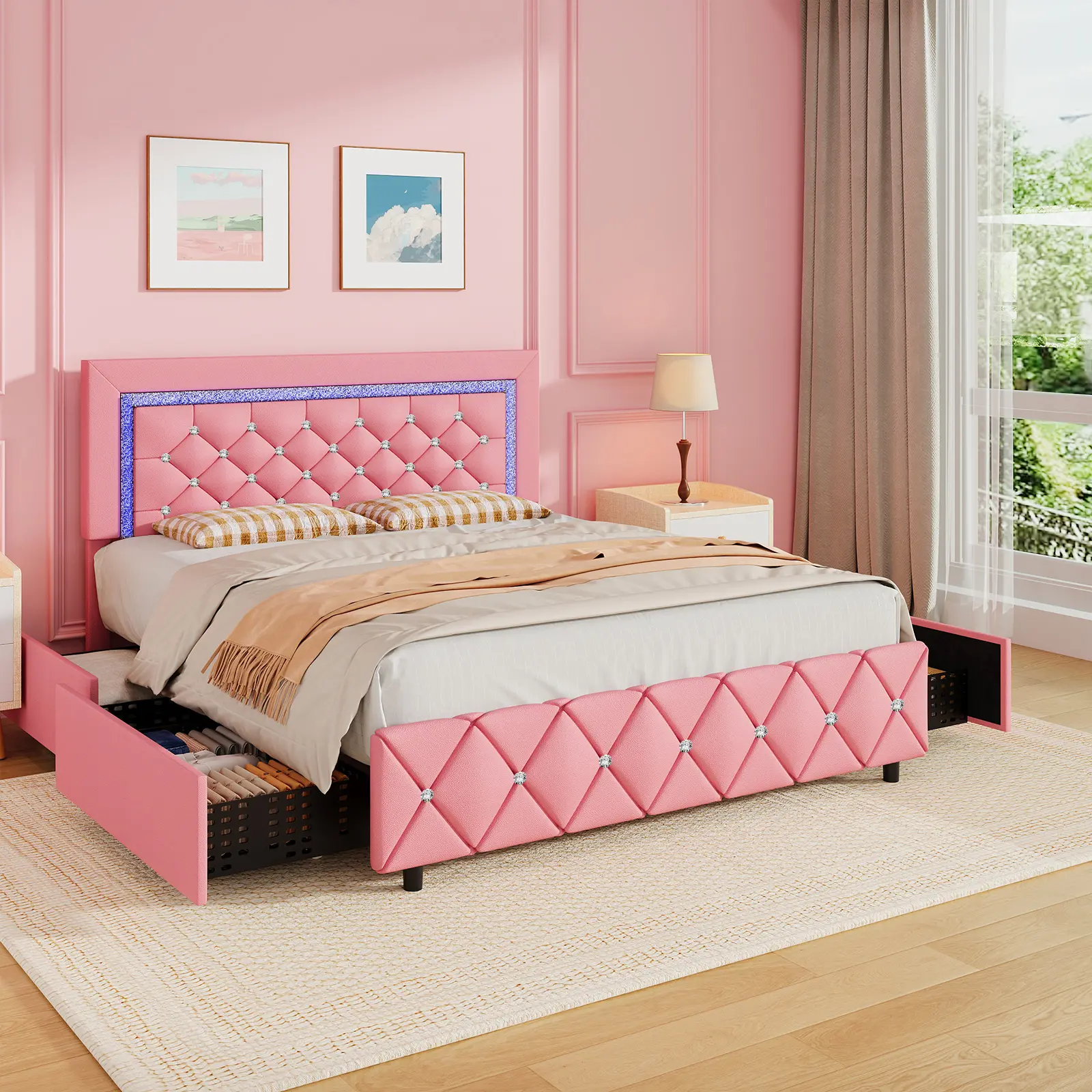 [DealsForYouDays][Summerwins] HOMBCK Twin Full Queen Size Bed Frame, Upholstered Platform Bed With Crystal Tufted Headboard, LED Lights And Storage Drawer With Scroll Wheels, Maximum Weight Recommendation 800 Pounds, Black/White/Pink
