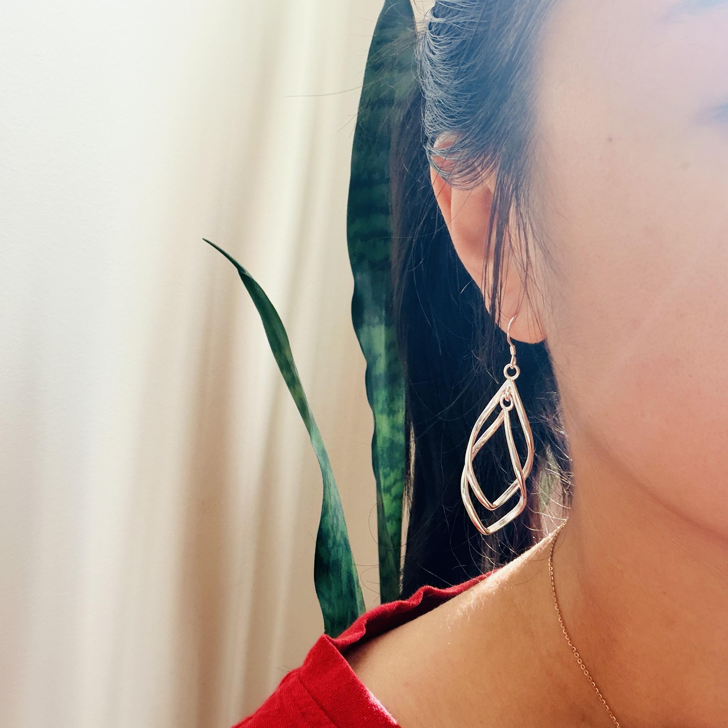 Geometric Double Layer Dangle Earrings for Women, Silver Tone Hollow Hoop Earrings, Lightweight Elegant Everyday Jewelry party