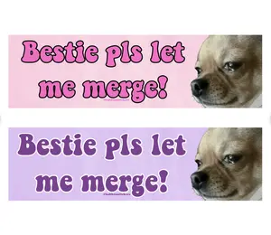 Bestie Pls Let me Merge | Bumper Sticker AND Magnet | Funny Meme Sticker | 8.7'' X 2.7'' | Waterproof Premium Quality