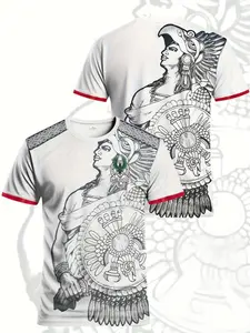 Men's Mexican Commemorative Football Jersey & Aztec Round Neck Comfortable Sport Top, Athletic Activewear, Maya Civilization Print, All Seasons, Workout Top