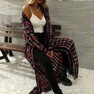 Women's Fall Winter Warmth Bohemian Casual Multi-Color Geometric Pattern Fringe Tassels Plaid Collar Hem Open Front Loose Fit Long Sleeve Cardigan Sweater Coat Outfit Knitwear