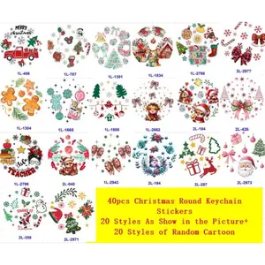 60pcs Christmas Round Keychain Sticker Set Including 20pcs Round Keychains + 40pcs UV DTF Stickers