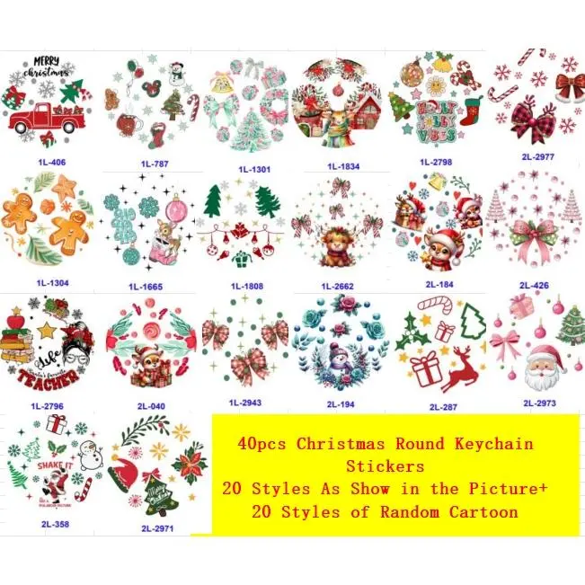 60pcs Christmas Round Keychain Sticker Set Including 20pcs Round Keychains + 40pcs UV DTF Stickers