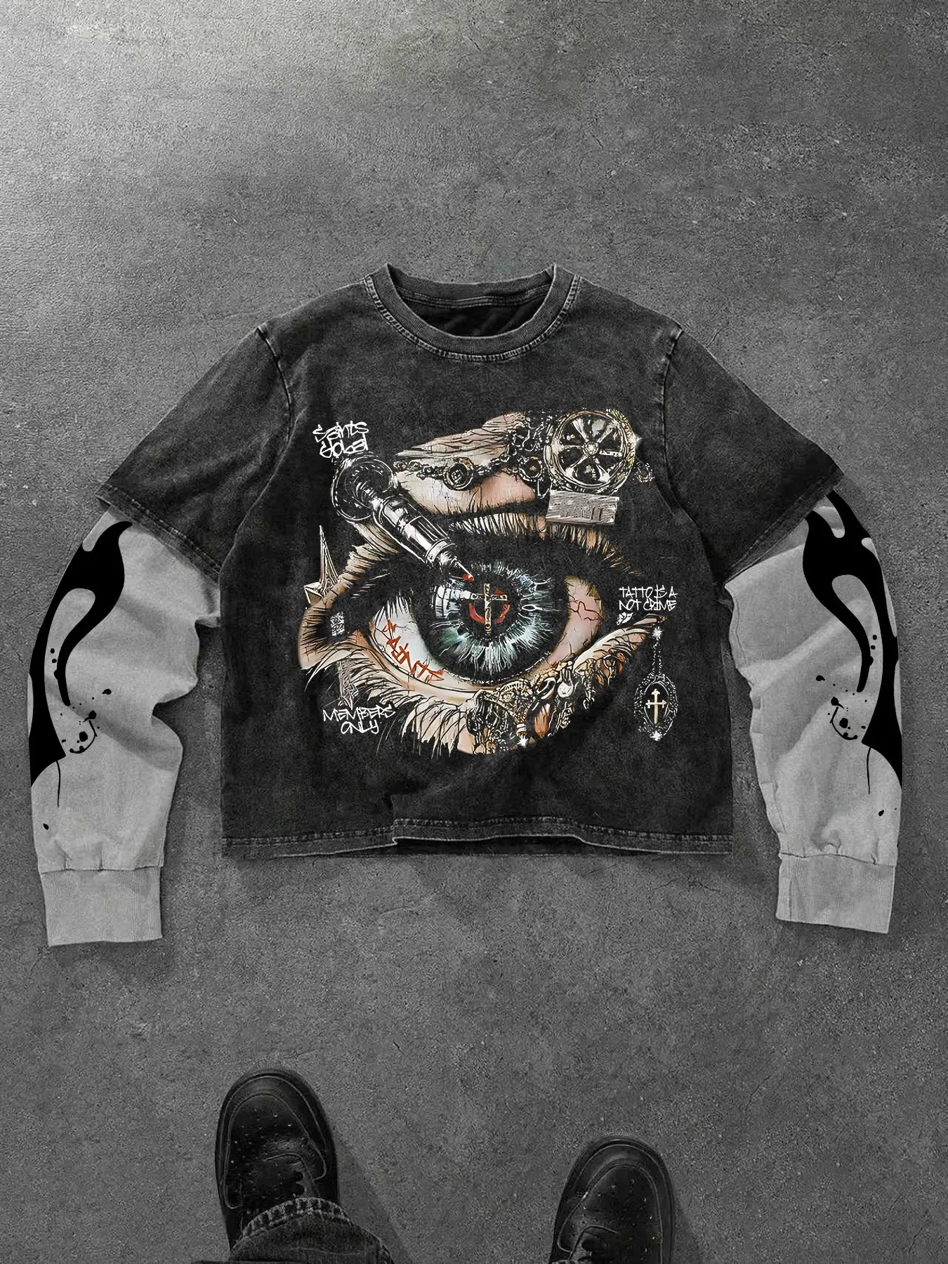 Men's Cyberpunk Eye Graphic Print Long Sleeve T-Shirt, Flame Sleeves, Graffiti Text, Soft Comfortable Fabric, Casual Streetwear, Menswear
