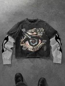 Men's Cyberpunk Eye Graphic Print Long Sleeve T-Shirt, Flame Sleeves, Graffiti Text, Soft Comfortable Fabric, Casual Streetwear