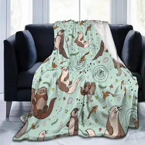 Otter Blanket - Sea Otters Throw Blanket, Green Small Flannel Lap Otter Gifts for Women & Kids, Cozy Noon Break, No Shedding Fleece Sofa Throws for Office, Couch & Car stay  gift