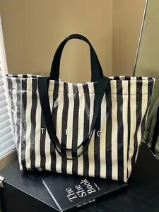 New Black White Striped Tote Bag Women Shiny Waterproof Large Capacity Durable Versatile Commute Street Shoulder Bag Simple Elegant Daily All Occasions