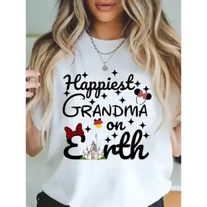 [100%25 Cotton] Women'SGraphic T-Shirt - 100%25 Cotton Short Sleeve Crew Neck Casual Tee With "Happiest Grandma On Earth" Print, Mickey Ears & Stars Design - Mother'S Day Gift, Spring Summer Machine Washable, Spring Summer Apparel |      T-Shirt For Men A