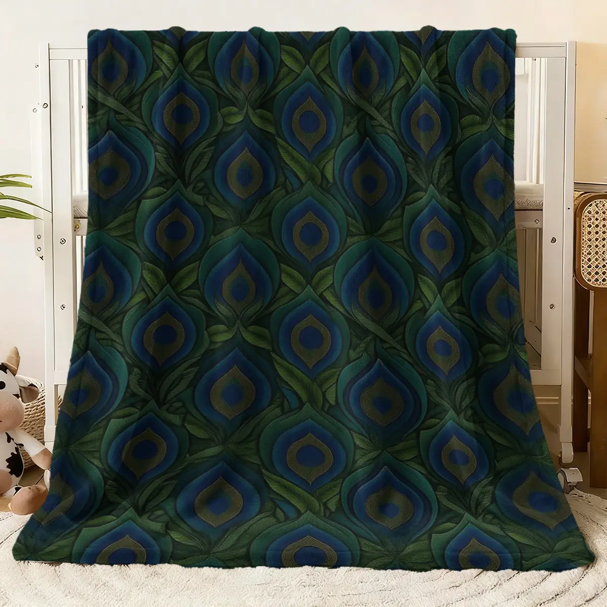 Bohemian Peacock Feather Pattern Flannel Blanket - Soft Cozy Warm Fleece Throw for Bed Couch Sofa, Lightweight All - Season Blanket with Exquisite Retro Floral Design, Vibrant Teal & Blue Gradien