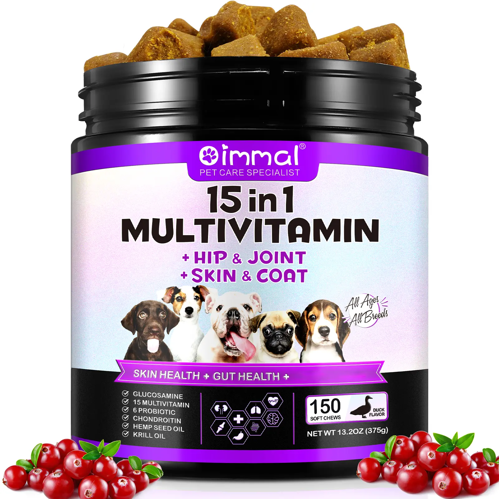 Oimmal Dog Multivitamin Chewables - 150 Chewable Treats, 15-in-1 Supplement with Glucosamine, Probiotics for All Ages & Breeds, Duck Flavor for Fur & Skin Care, Hip & Joint Care, 24 Months