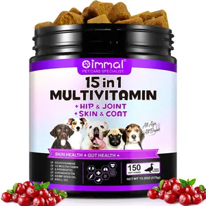 Oimmal Dog Multivitamin Chewable 150 Chews 15-in-1 Vitamins & Supplements with Glucosamine Probiotics for All Ages All Breeds Duck Flavor