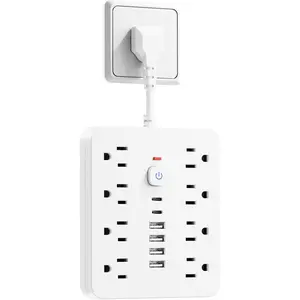 Surge Protector Power Strip -  Extension Cord with 8 AC Outlets, 6 USB Ports (2 USB C) & One-Touch , Short Cord Outlet Extender, Wall Mountable for Office  Travel Dorm