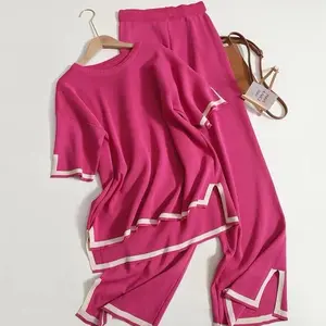 Moon loungewear set for parties. Soft, stretchy knit top and wide-leg pants. Cozy sleepwear for casual outings and relaxing at home. Solid color crew neck with patchwork design. Cardigan Pant Women's Clothes Womenswear Suits