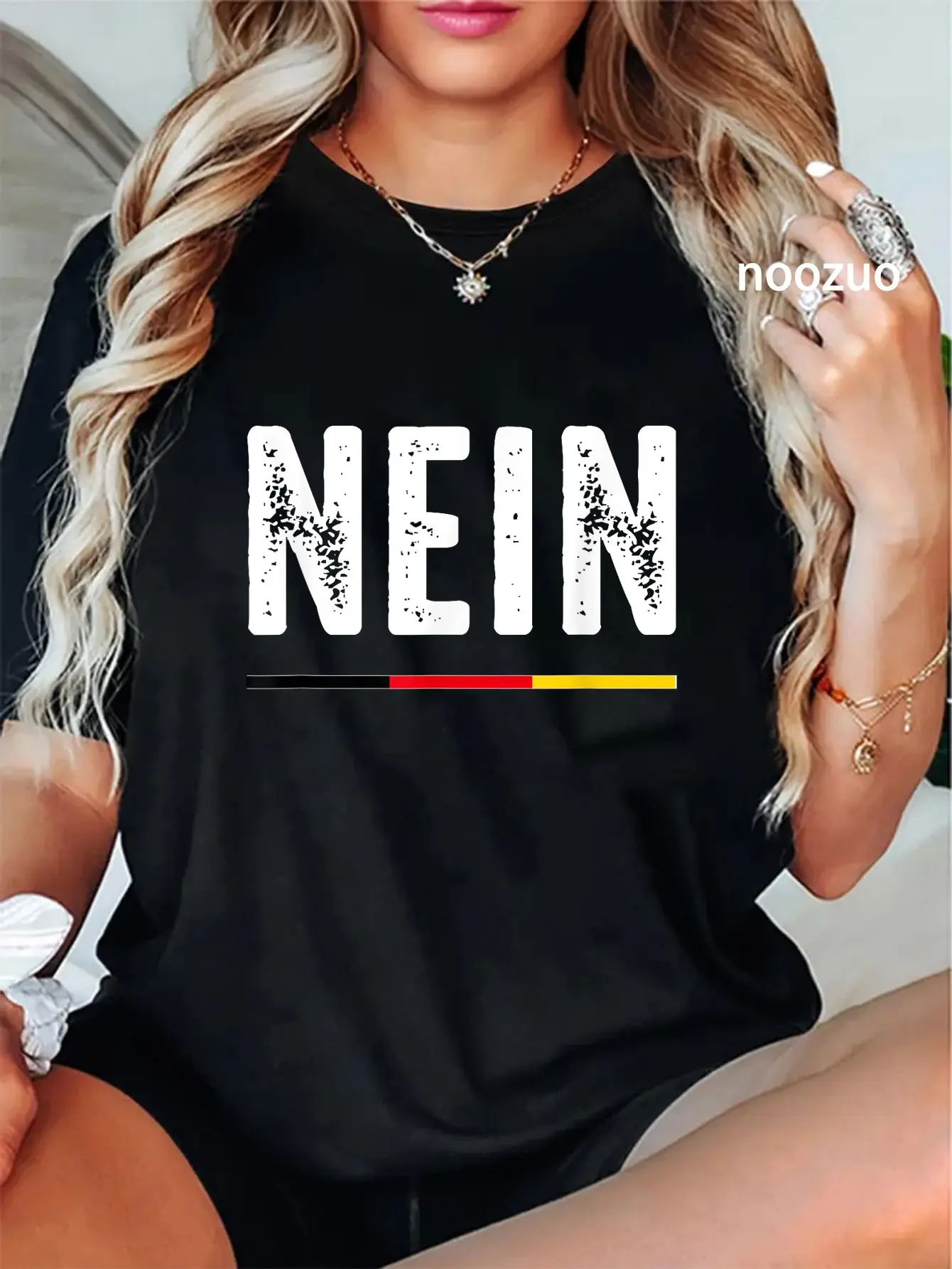 Women's 100% Cotton Short-Sleeve Round Neck Distressed Funny Slogan Graphic Print Casual Everyday Tshirt, Unisex German "Nein" Vintage Top