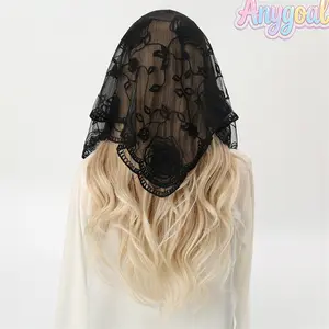 Anygoal Women's Vintage Rose Embroidered Sheer Lace Mantilla Veil, Semi-Transparent Mesh Triangle Headscarf, Elegant Floral Lace Trim Headwrap for Church Services, Latin Mass, Weddings, Formal Events, Daily Wear and Special Occasions summervibes