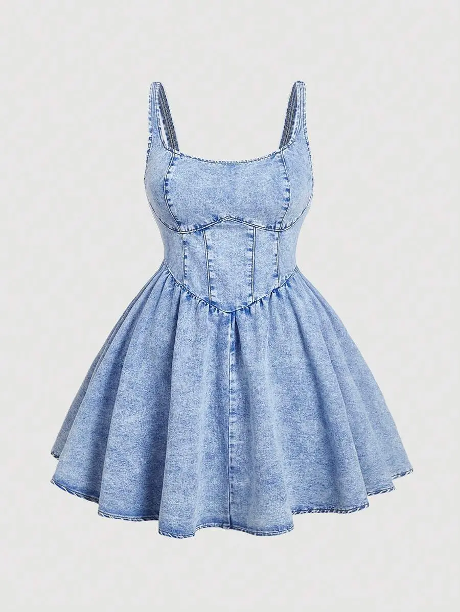 ELIEEN Plus Size Summer Casual Washed Denim Dress Blue