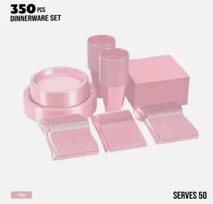 350 Pcs Pink Plastic Plates For Party, Disposable Dinnerware Set Serve 50 Guests