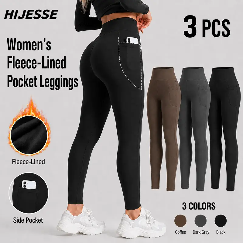 HIJESSE Winter Women's Leggings of TikTok - Thermal Lined Velvet High Waist, Super Warm Pants with Side Pockets, Antibacterial, Unmarked Edging, Comfortable Stretchy Thermal Long Johns, Solid Black Womenswear Warmer
