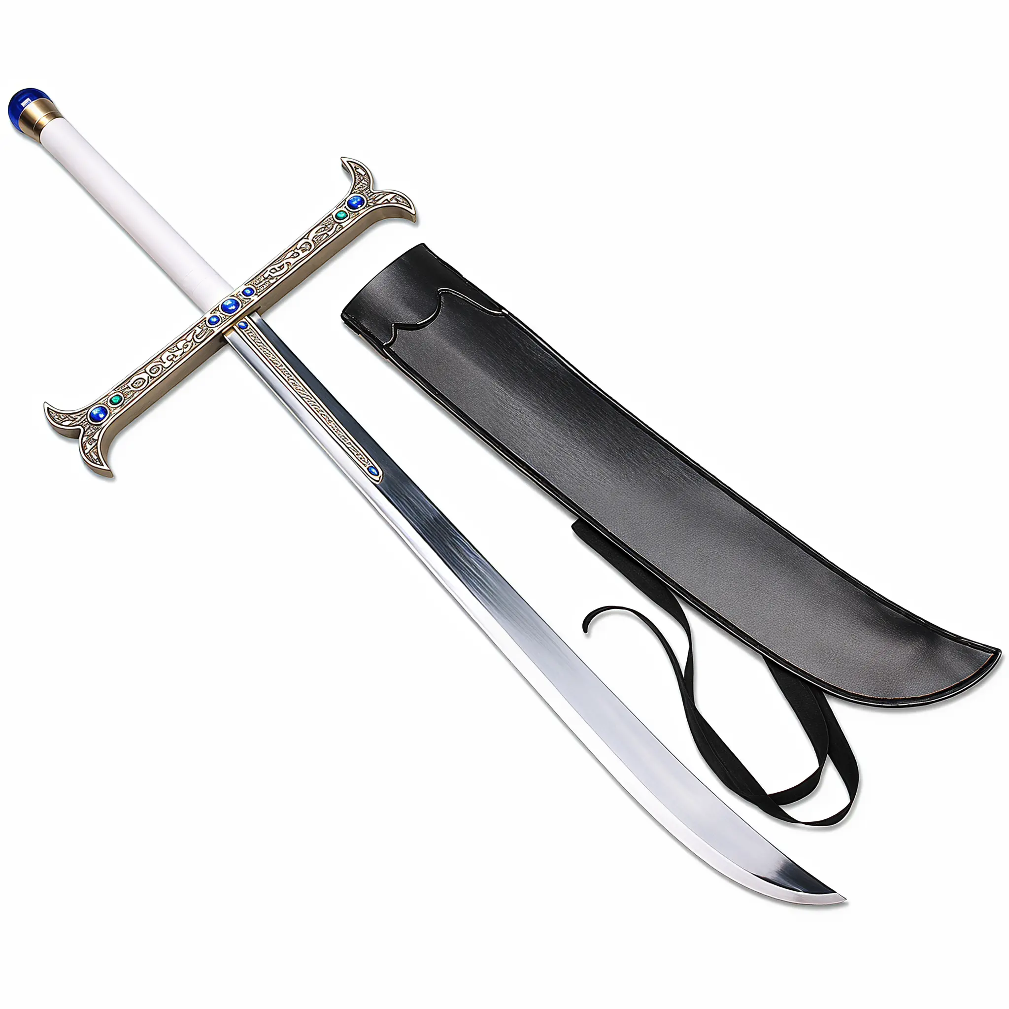 World's Greatest Swordsman Inspired Cross Katana - 49.5" Premium Alloy Blunt Sword with Gemstone Inlay Guard, Hawk-Eyed Anime Cosplay Prop with Leather Sheath