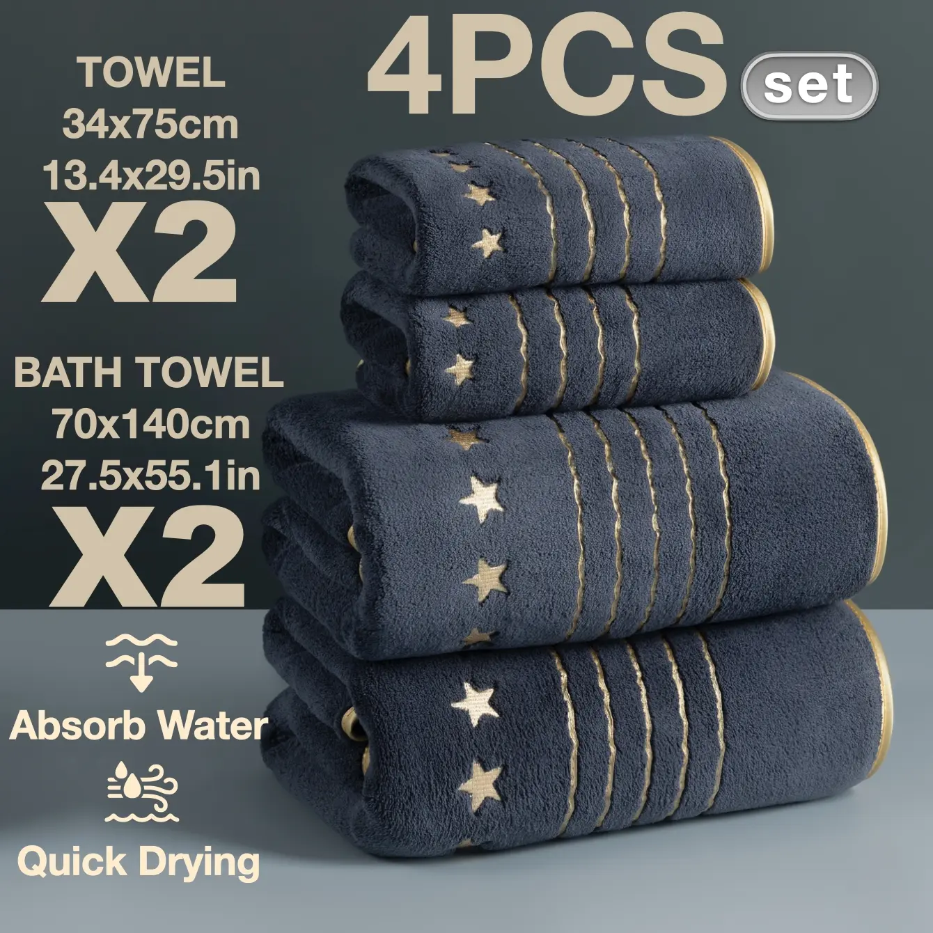 4-Piece Luxury Bath Set, Embroidered, Super Absorbent Quick-Dry, Hotel Quality, Ideal for Home, School, Gym, Spa