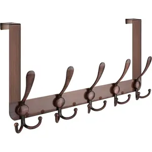 Over The Door Hooks, 5 Heavy Duty Tri Coat Rack All Metal Coat Hanger for Jacket Hat Towel Bags in Bathroom Bedroom Dorm