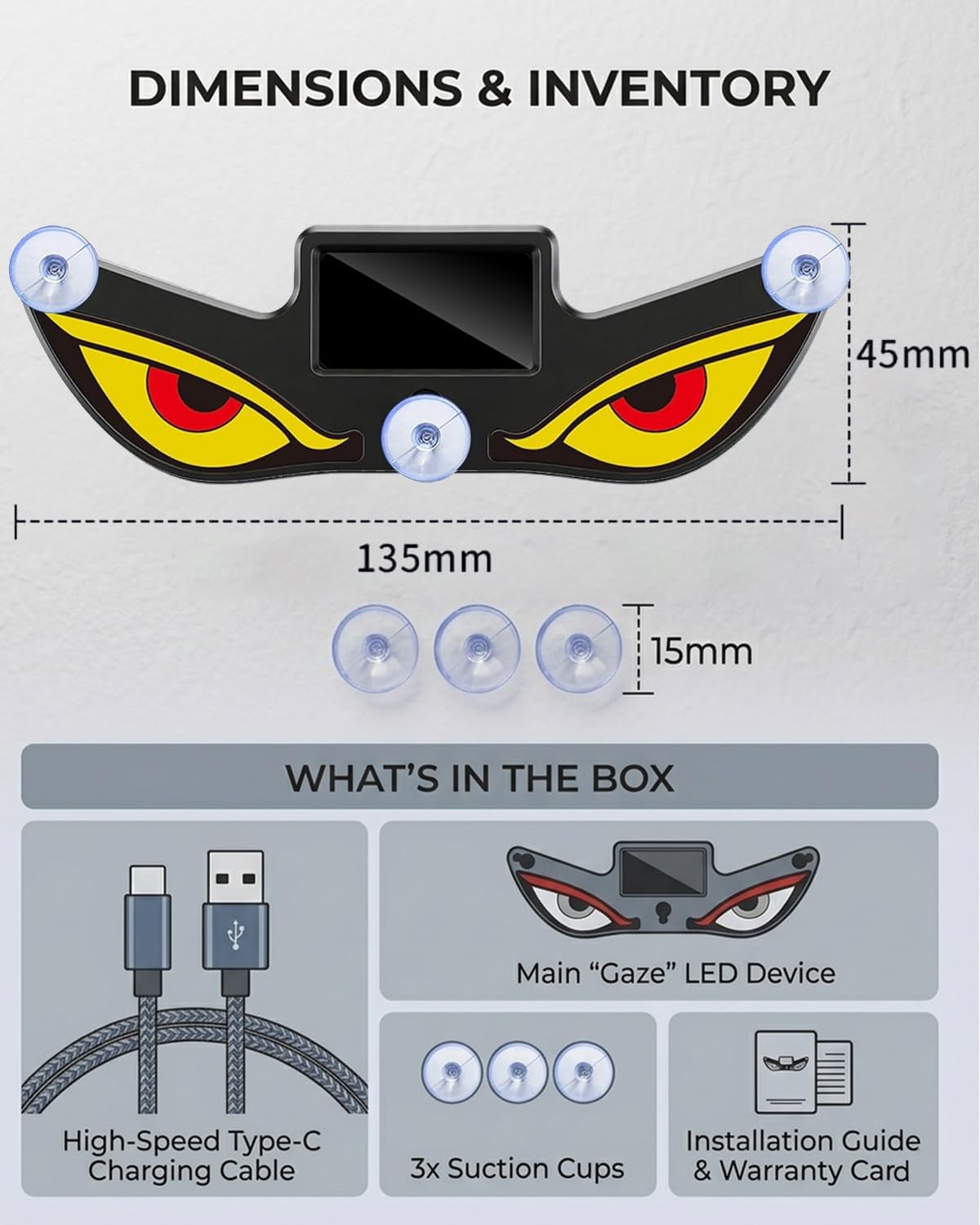 Solar Powered Devil Eyes LED Car Light, Dynamic Windshield Ambient Lamp | Vibration & Light Sensor, USB-C Rechargeable, 5 Dynamic Lighting Modes with security rgb shape heart