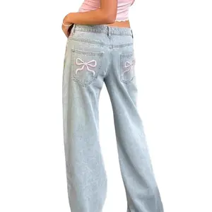 Y2K Bow Embroidery Wide Leg Jeans Women Light Blue Vintage Denim Pants