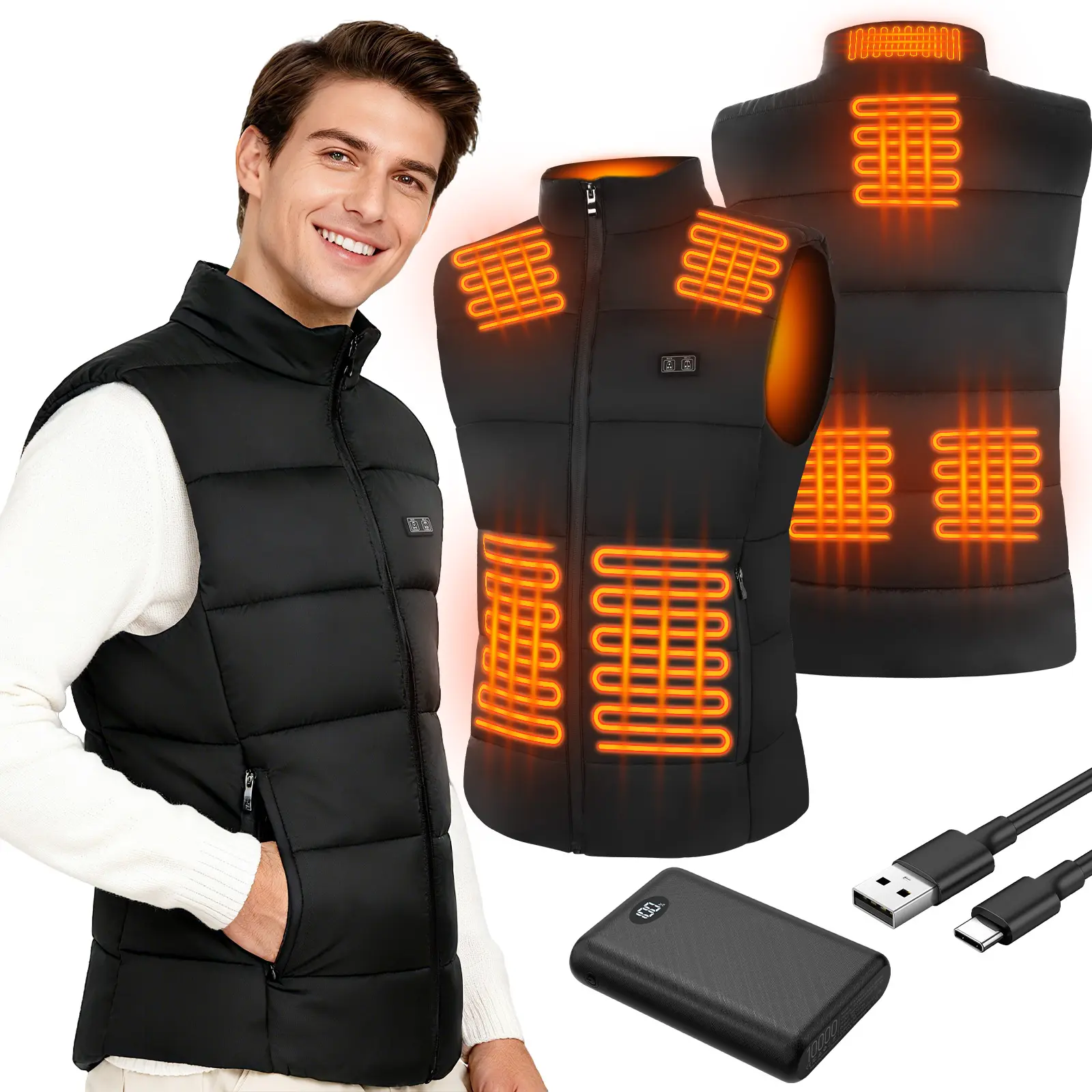Men's Infrared Heated Sportswear Vest - 10000 mAh Battery Pack, 8-Zone Custom Heating, 3-Speed Temperature Adjustable, Pockets, Drawstring for Winter Hunting, Skiing - Athletic Waistcoat Gilet, Tops, Activewear, Sleeveless, Work