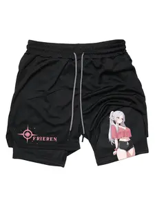 Anime Print 2 in 1 Drawstring Waist Shorts, Graphic Print Shorts, Quick Dry Swim Trunks, Loose Casual Pocket Track Shorts, Workout Clothes, Activewear, Men's Gifts