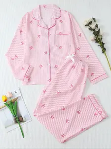 Women's Striped Bow Print Long Sleeve Pajama Set, Sweet Cute Button Front Top and Pants, Casual Home Wear for All Seasons