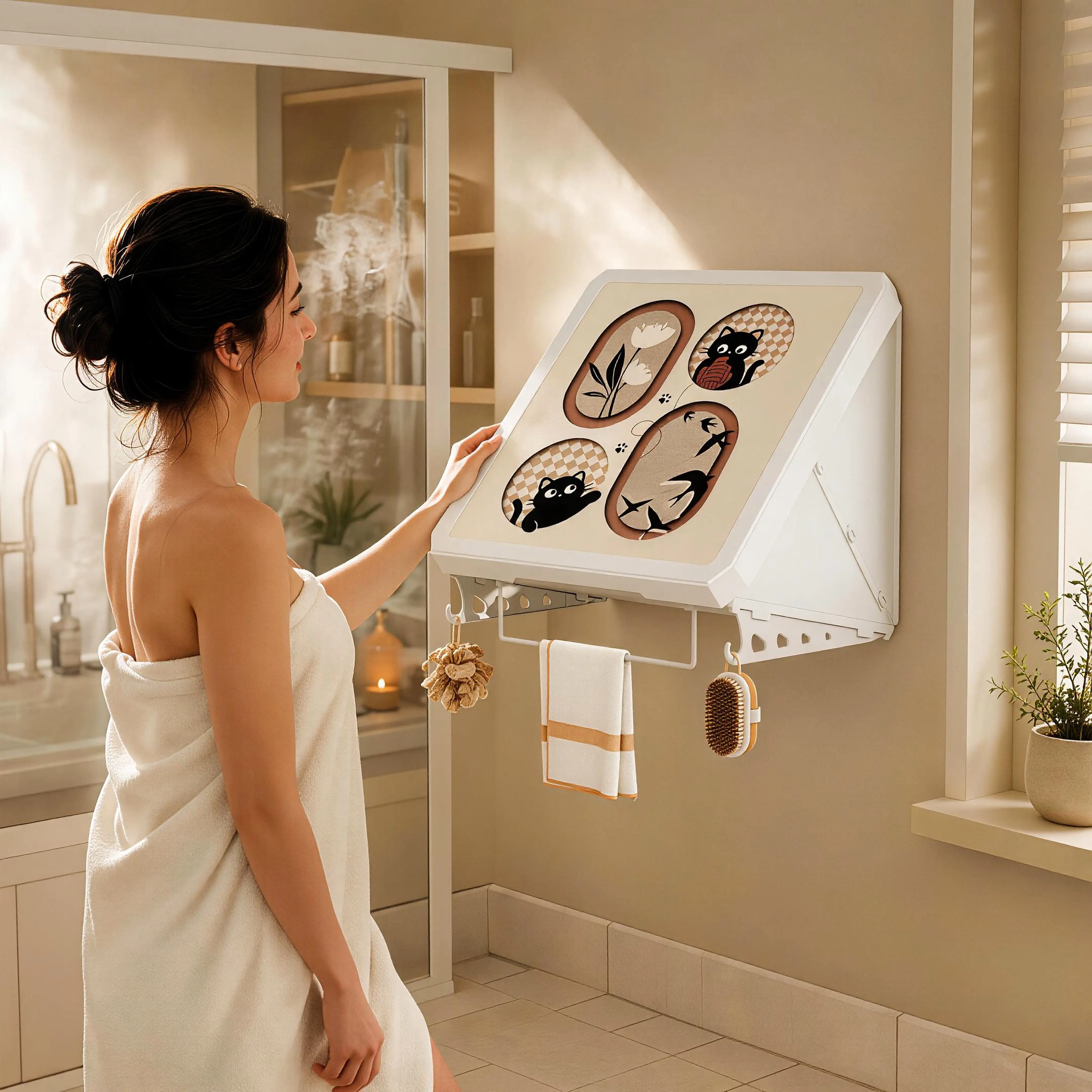 Foldable Bathroom Wall-Mounted Mural Design Showerproof Storage Box-No Drilling, Traceless Adhesive Pad Installation, Bathroom Fixture Organizer with Foldable Shelf & Towel Hook, 40 lbs Capacity, Ideal for Small Bathrooms Corner Storage Organization