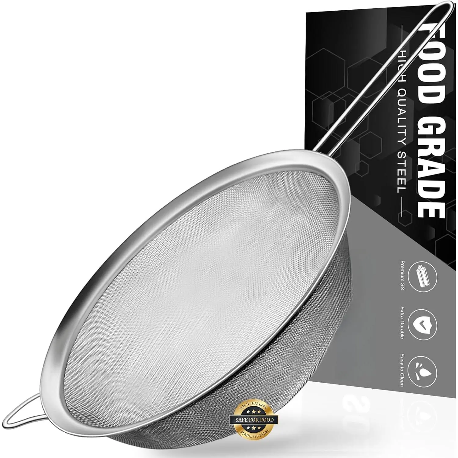 8.6 Inch Large Fine Mesh Strainer, Kitchen Metal  Strainers with Sturdy Handle, Stainless Steel 30 Mesh Sieve Sifters for Rice, Quinoa, Pasta, Fruits, Vegetables, etc.