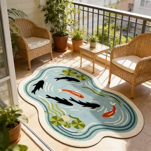 Luxury French Koi Pond Rug, Artistic Irregular Dining Room Mat, Vintage Elegant Table Area Decoration, Large Carpet for Home Decor, Decorative Area Rug