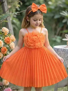 Glamorique Kids Young Girls' Fashion Solid Color 3D Floral Decor Camisole Elastic Waist A-Line Pleated Dress, Suitable For Beach Vacation, Birthday Party, Summer Season Summer Holiday, Solid Colored Dress, Sundress